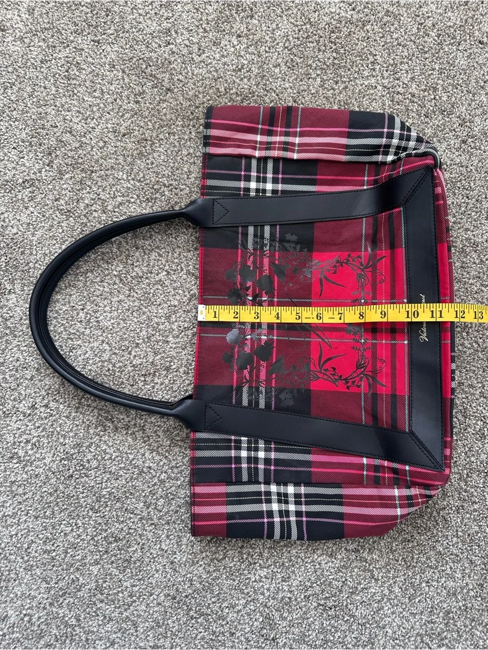 Victoria's Secret Red and Black Plaid Tote with Floral Accent